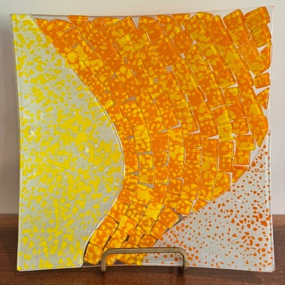Orange and Yellow Fused Glass Square Plate Serving Dish 8 3/4" - Picture 2 of 5